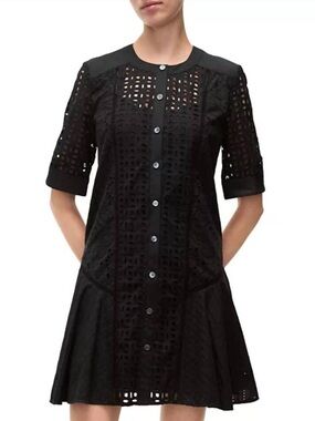 Veronica Beard Dara Short Sleeve Cotton Eyelet Mini Dress in Black NWT